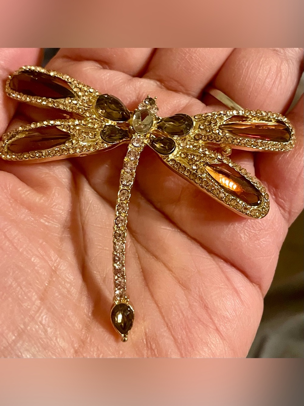 Gold-Tone Dragonfly Brooch with Amber and Smoky Stones
